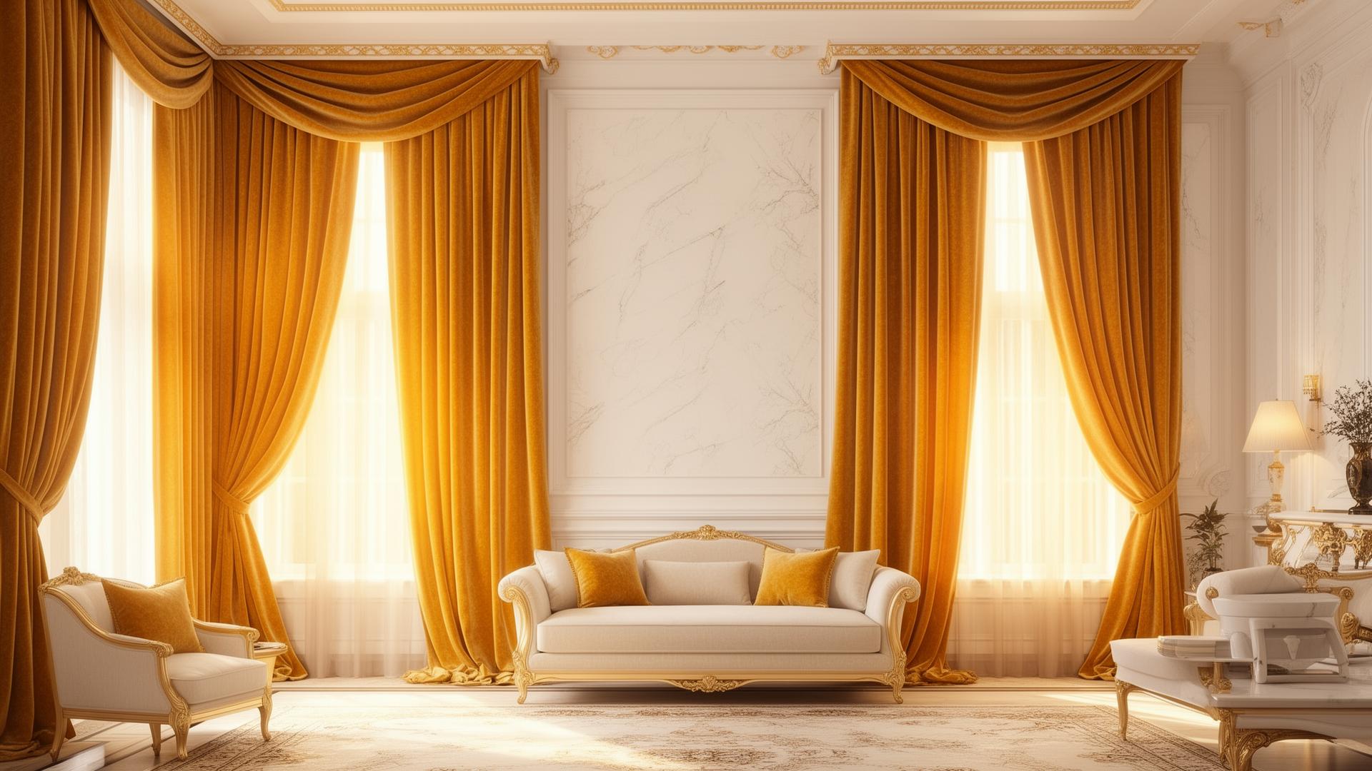 Golden velvet luxury curtains in a marble living room